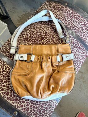 Vintage Tignanello Pebbled Leather Hobo Bag -White & Tan Two-Tone -Floral Lining